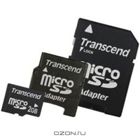 Transcend microSD Card 2GB + 2 адаптера miniSD, SD. Transcend