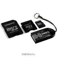 Kingston microSDHC Card 8Gb, Class 4 +2 адаптера + USB-ридер