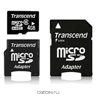 Transcend microSDHC 4GB, Class 6 + 2 адаптера. Transcend