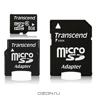 Transcend microSDHC 8GB, Class 6 + 2 адаптера. Transcend