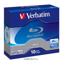 Verbatim BD-R 25GB, 4x, 10шт, Slim Case, (43721)
