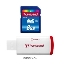 Transcend SDHC Card 8GB, Class 6 + кардридер P2. Transcend